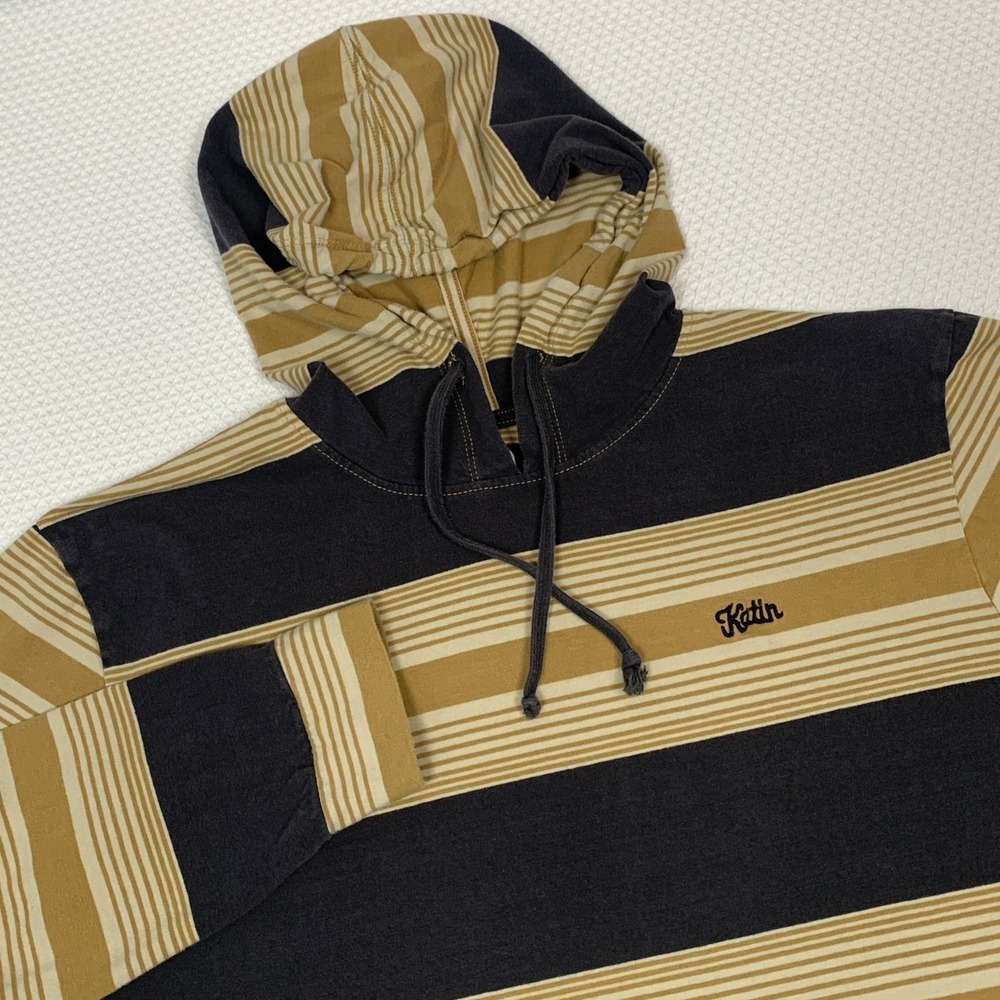 Katin Surf Brand Hooded Shirt Mens Sz Large Brown Blue Striped Hoodie Button Up